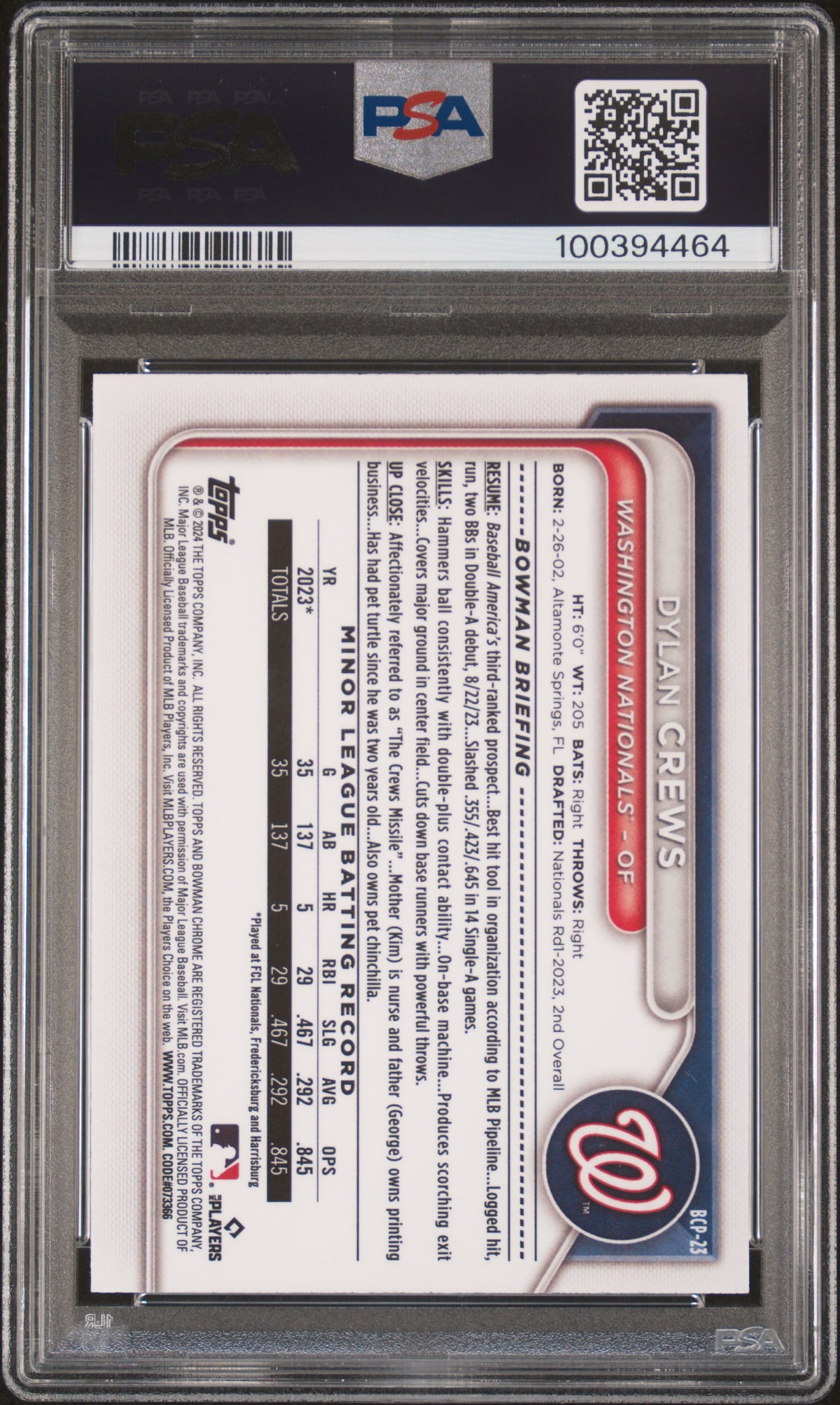 2024 Bowman Mega Box Chrome Prospects Dylan Crews Fuchsia PSA 10