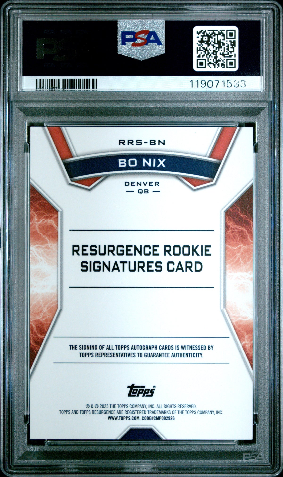 2024 Topps Resurgence Rookie Signatures Bo Nix White Surge PSA 10