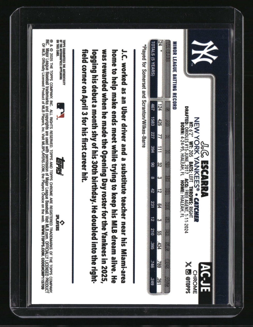 2025 Topps Chrome Update J.C. Escarra Chrome Update Autographs Purple #/250