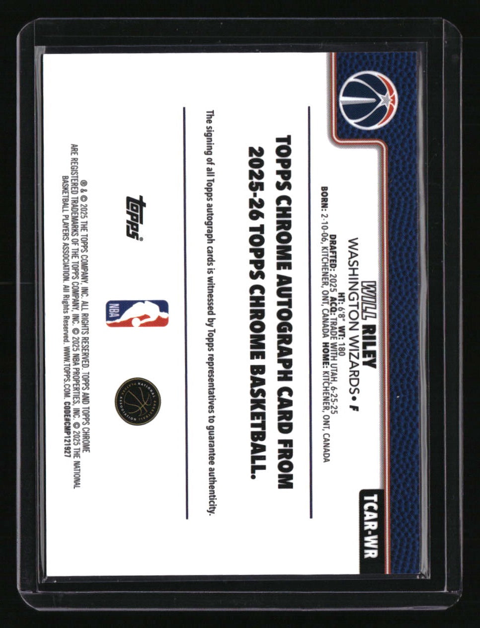2025-26 Topps Chrome Will Riley Chrome Rookie Autographs