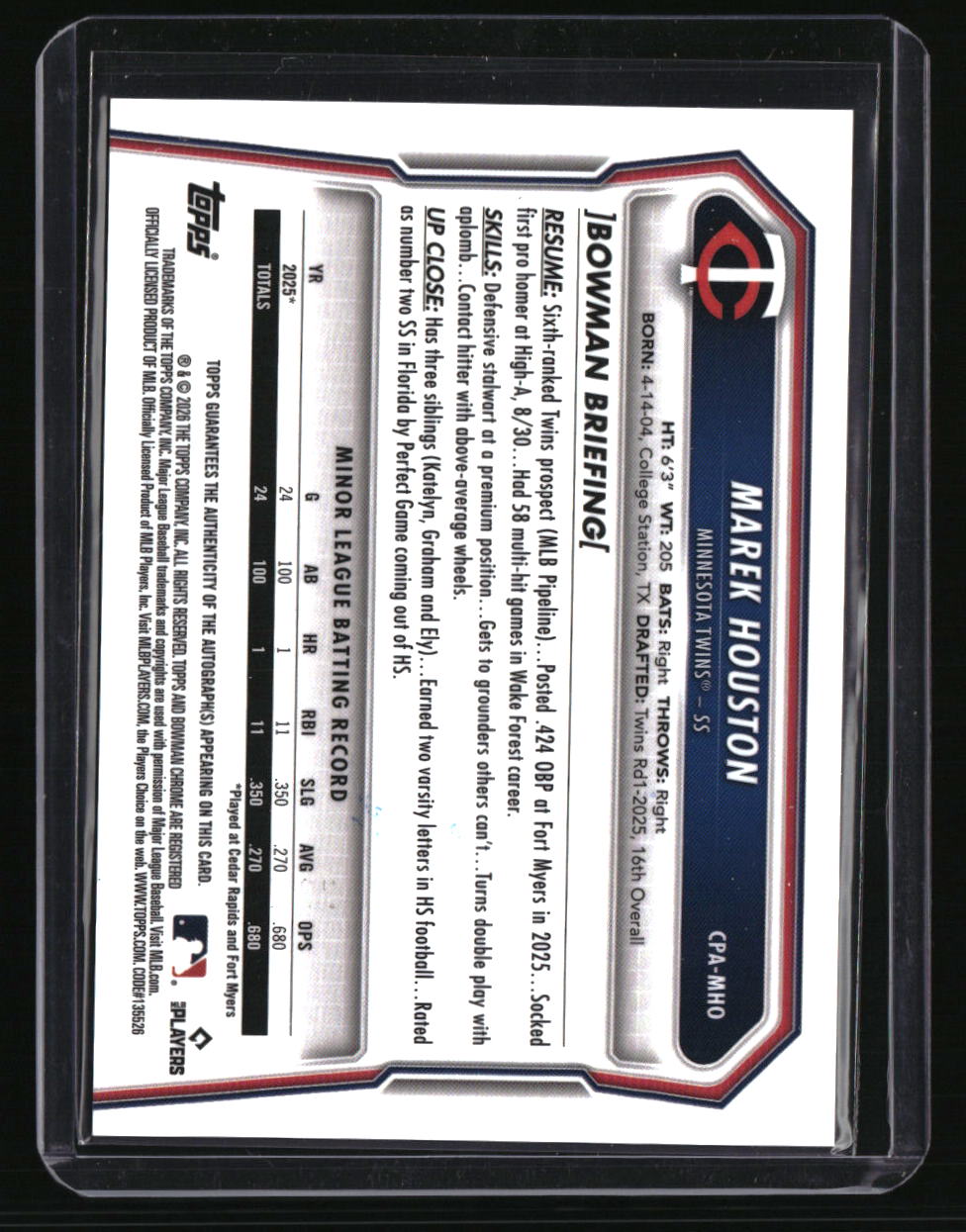 2026 Bowman Marek Houston Chrome Prospect Autographs