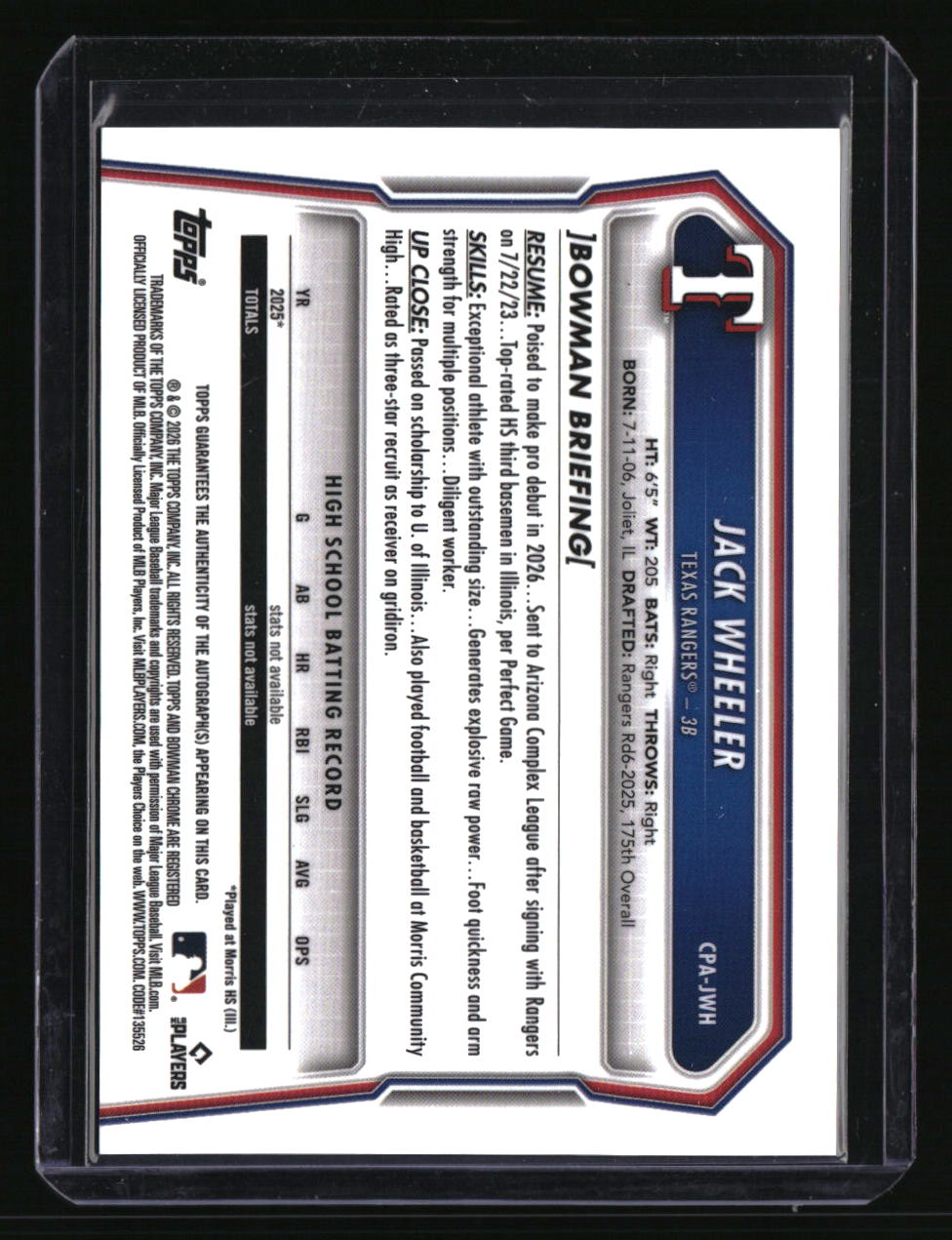 2026 Bowman Jack Wheeler Chrome Prospect Autographs