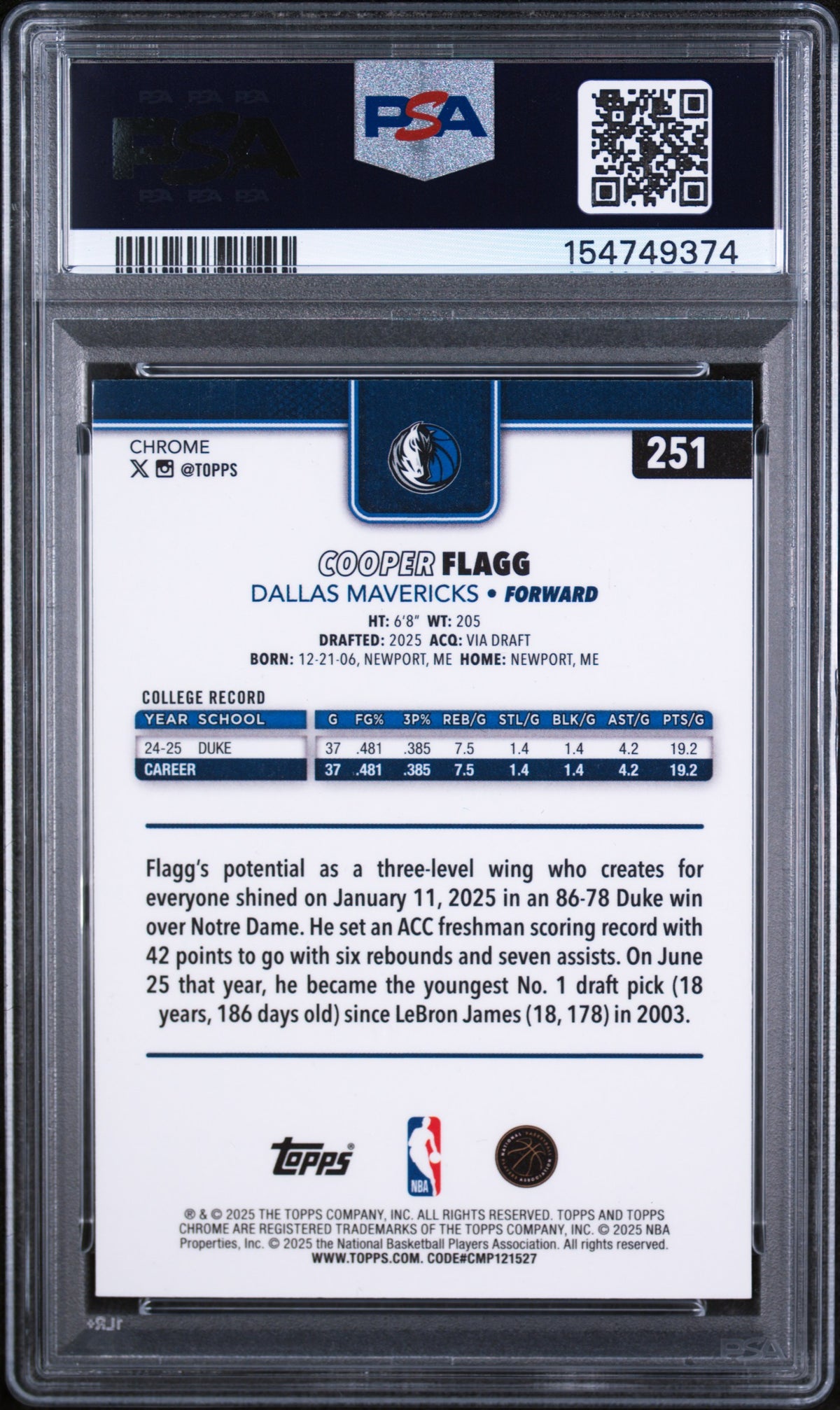 2025 Topps Chrome Cooper Flagg Raywave PSA 9
