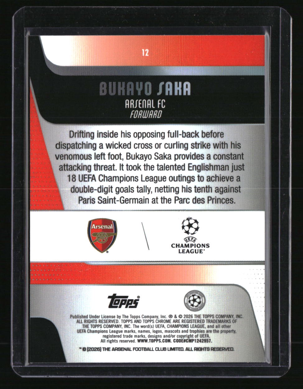 2025-26 Topps Chrome UEFA Club Competitions Bukayo Saka Orange Lava #/25