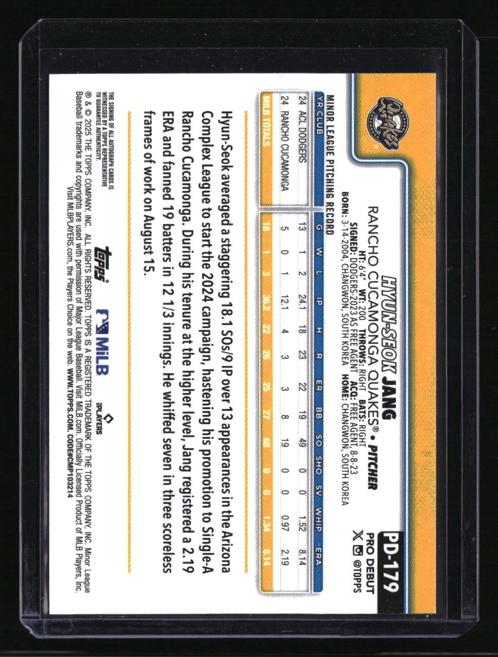 2025 Topps Pro Debut Hyun-Seok Jang Base Autographs