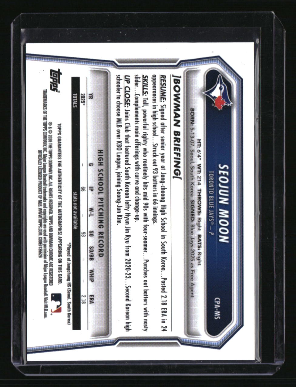 2026 Bowman Seojun Moon Chrome Prospect Autographs HTA Choice Refractors #/150
