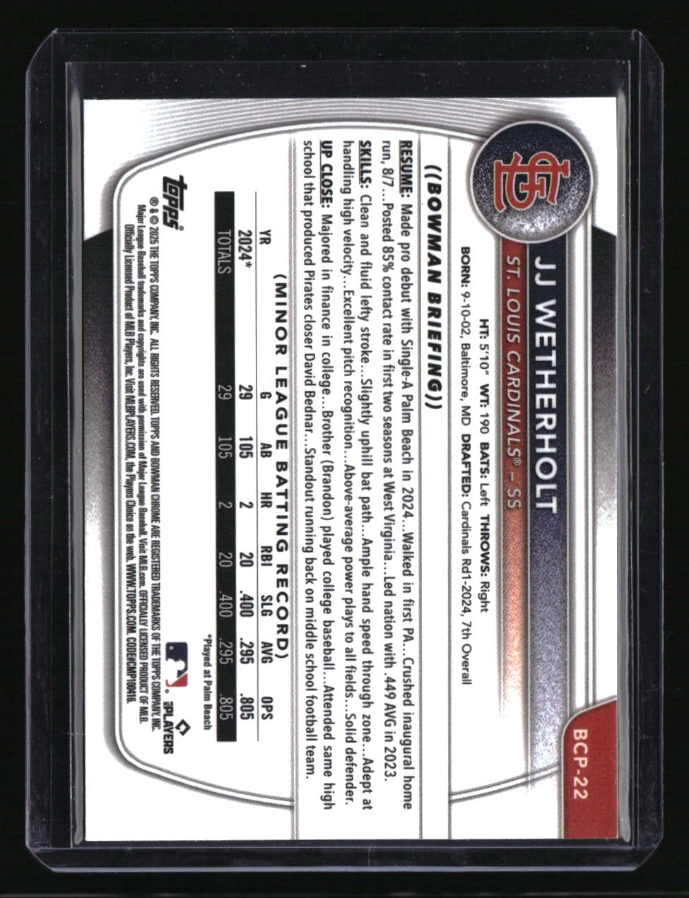 2025 Bowman JJ Wetherholt Chrome Prospects Reptilian Refractor