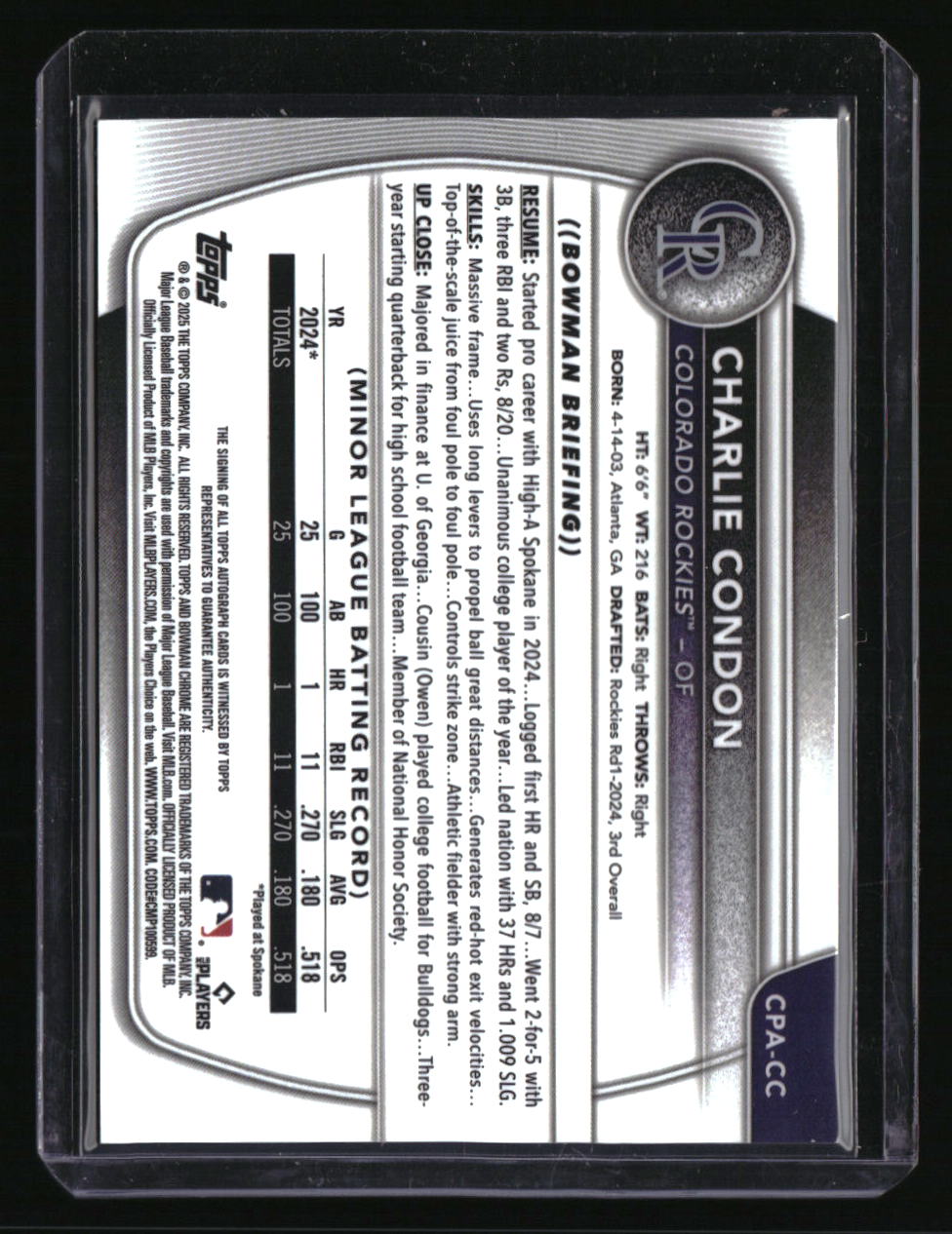 2025 Bowman Charlie Condon Chrome Prospect Autographs