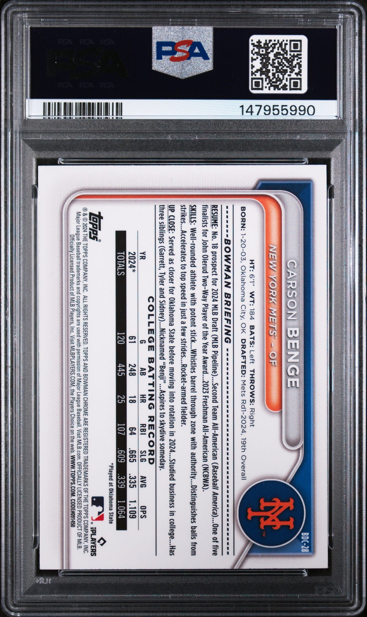 2024 Bowman Draft Carson Benge Chrome-Fuchsia Lunar Ref PSA 10