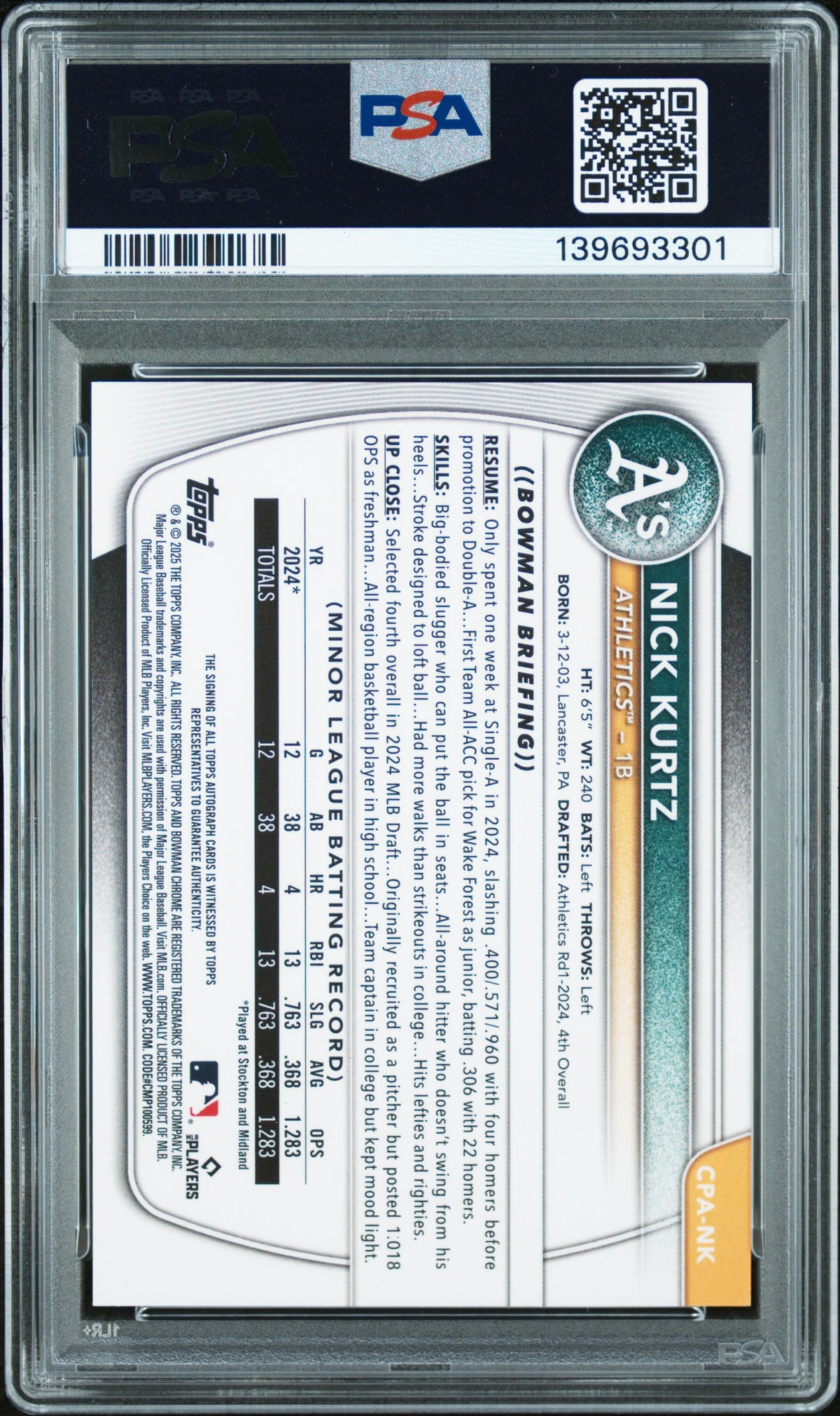 2025 Bowman Chrome Prospect Autographs Nick Kurtz Chrome Prospect PSA 9