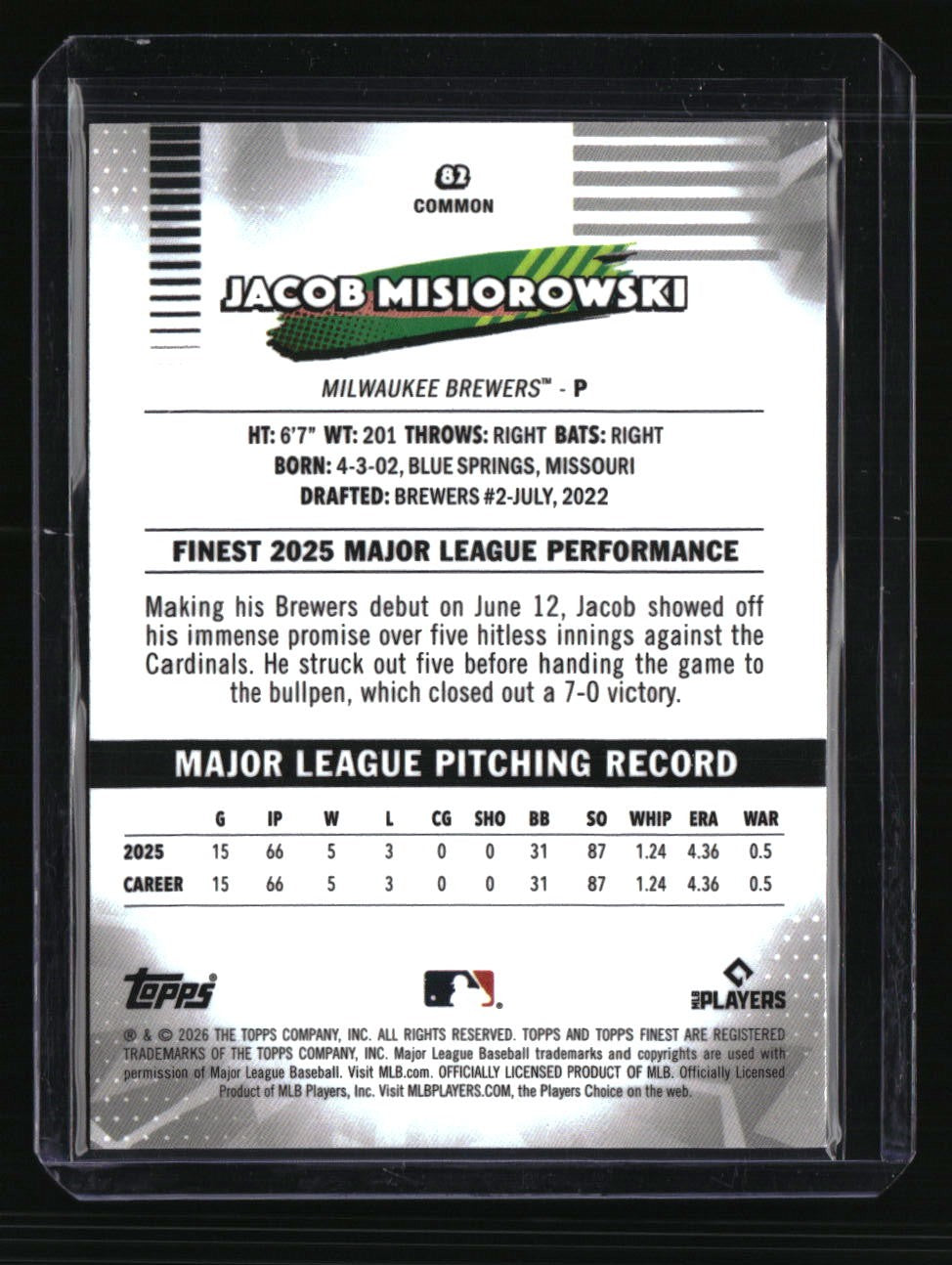 2026 Finest Jacob Misiorowski Purple Geometric Refractors Bookend 75/75