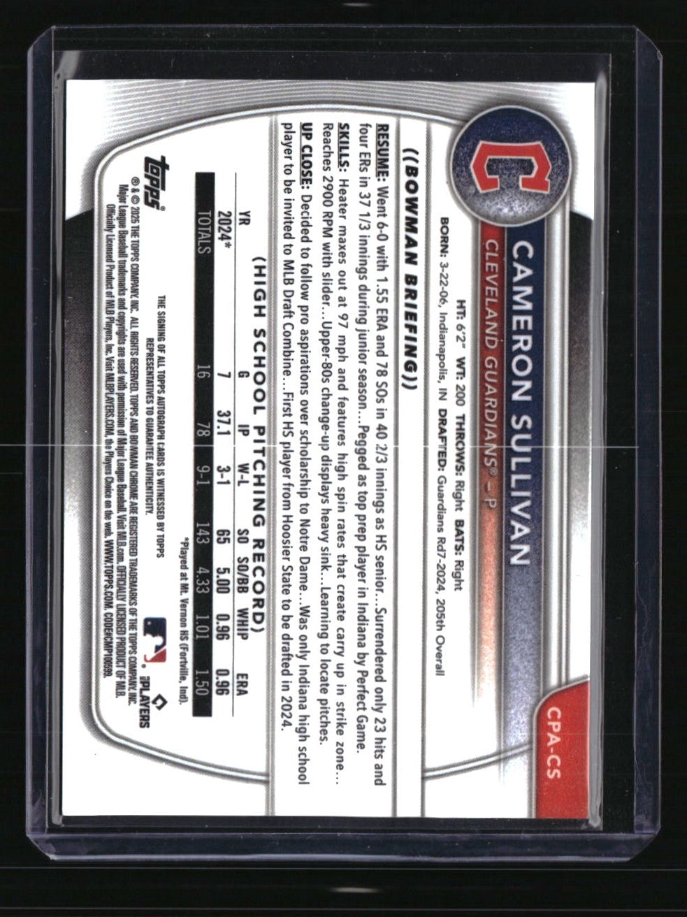 2025 Bowman Cameron Sullivan Chrome Prospects Autographs Gold Lava #/50