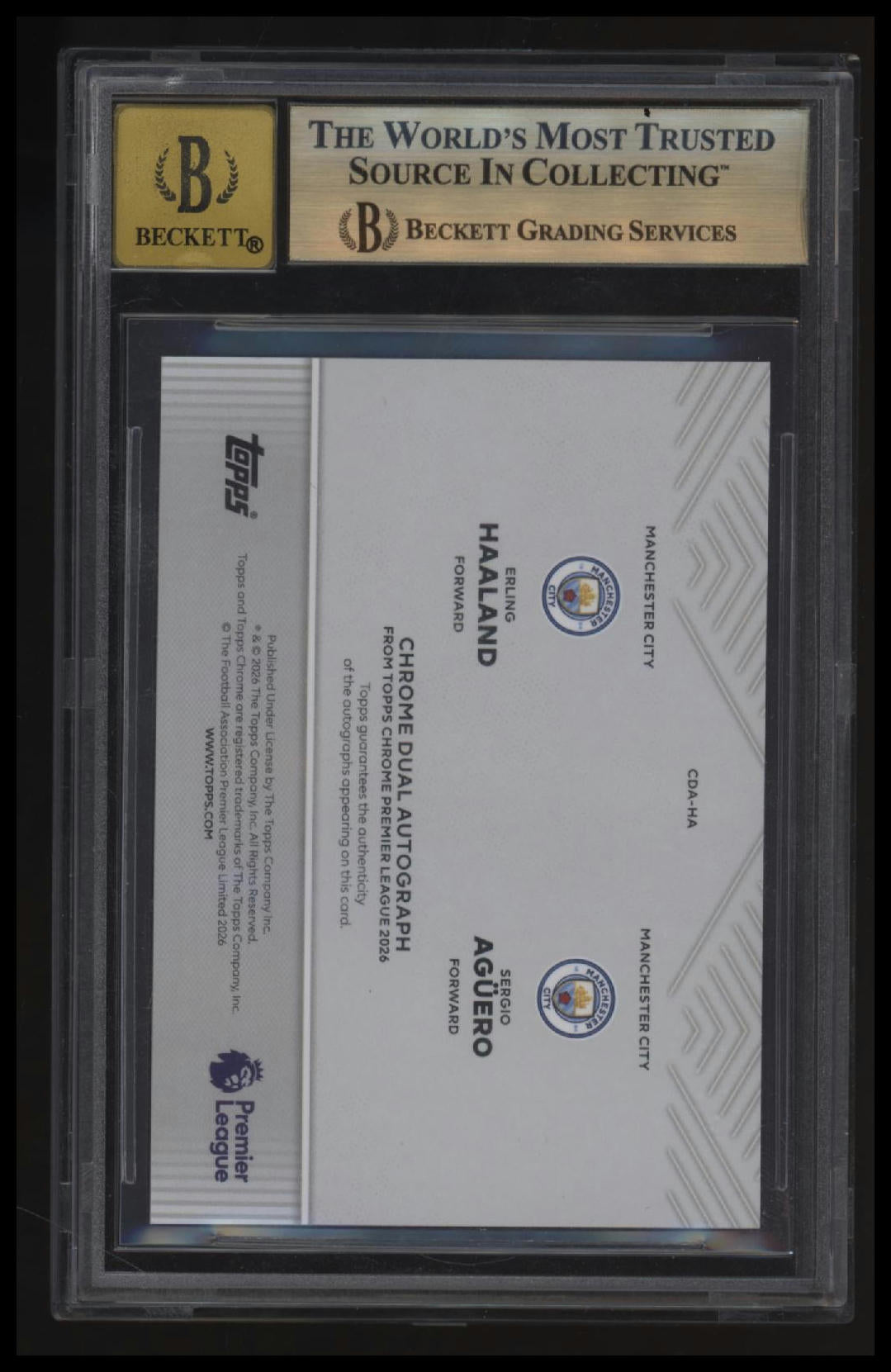 2025-26 Topps Chrome Premier League Dual Auto Gold Aguero/Haaland BGS 9.5