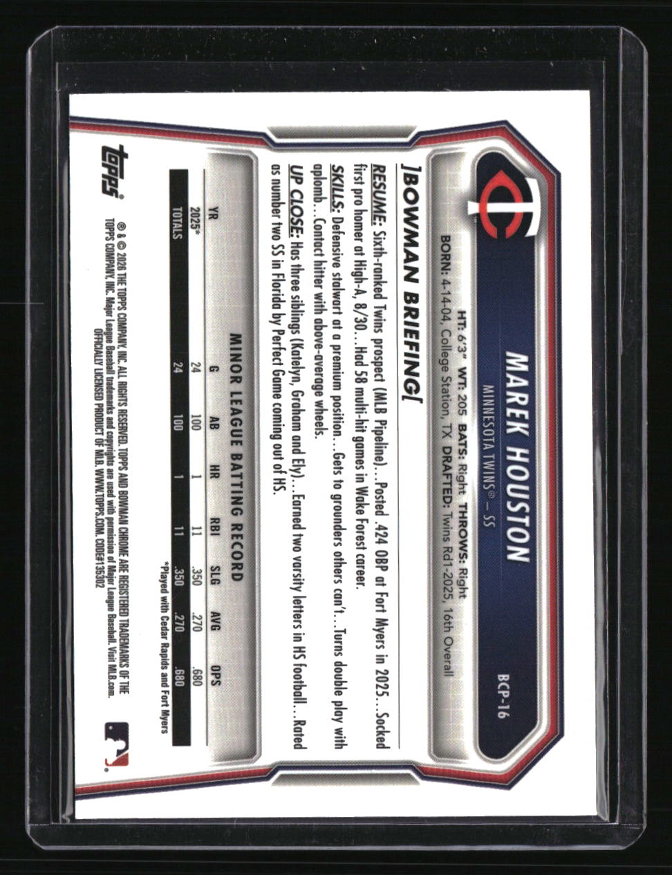 2026 Bowman Marek Houston Chrome Prospects Green Geometric Refractor #/99
