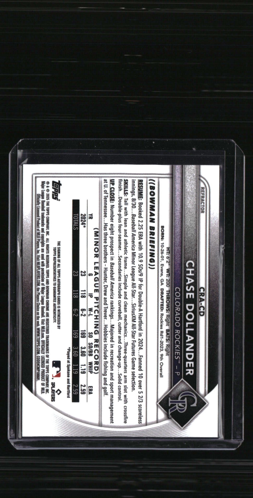 2025 Bowman Chrome Chase Dollander Rookie Autographs Refractor #/499