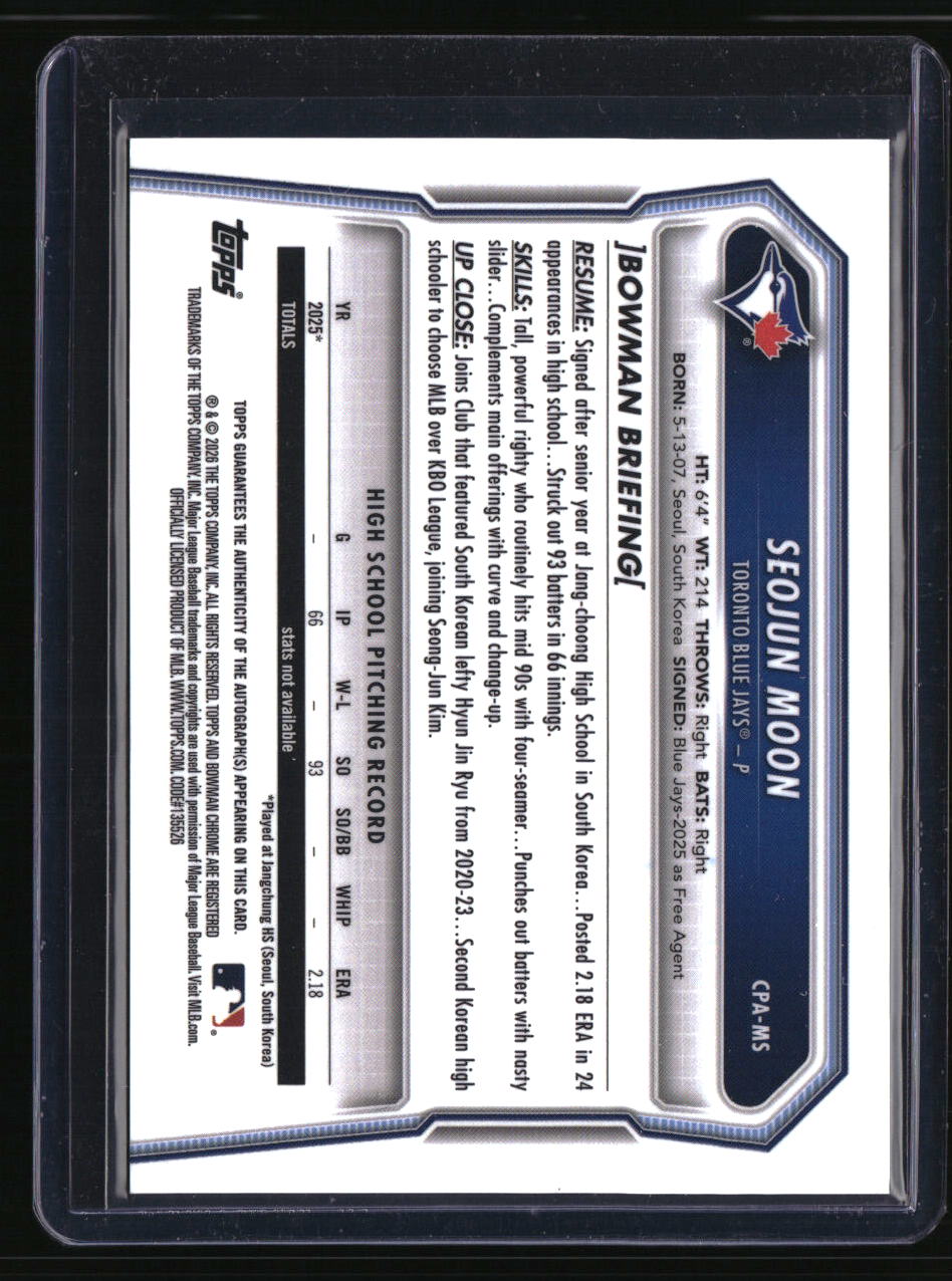 2026 Bowman Seojun Moon Chrome Prospect Autographs Green Grass Refractors #/99