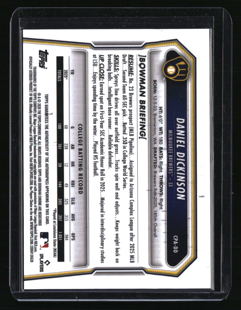 2026 Bowman Daniel Dickinson Chrome Prospect Autographs Speckle Refractors #/299