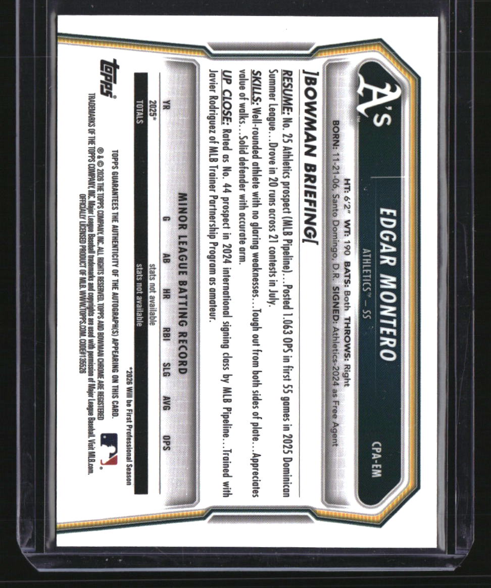 2026 Bowman Edgar Montero Chrome Prospect Autographs