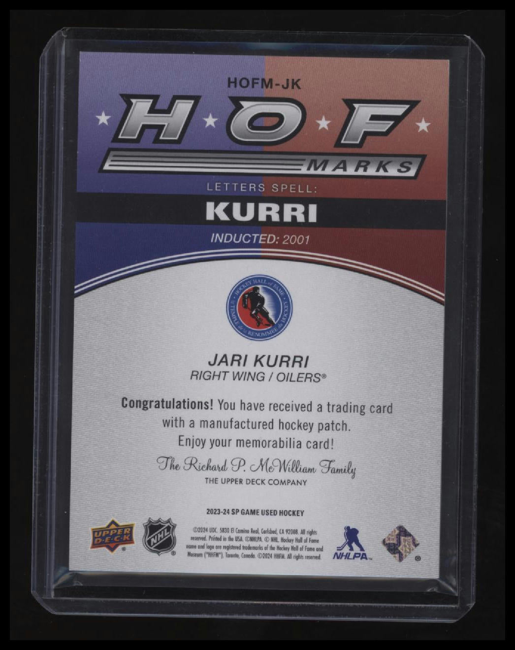 2023-24 SP Game Used #HOFM-JK Jari Kurri HOF Marks #/35 (R)