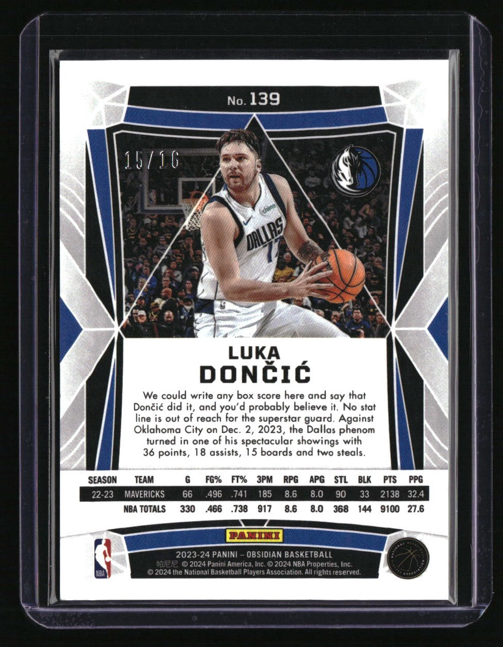 2023-24 Panini Obsidian Luka Doncic Electric Etch Blue Flood FOTL #/16