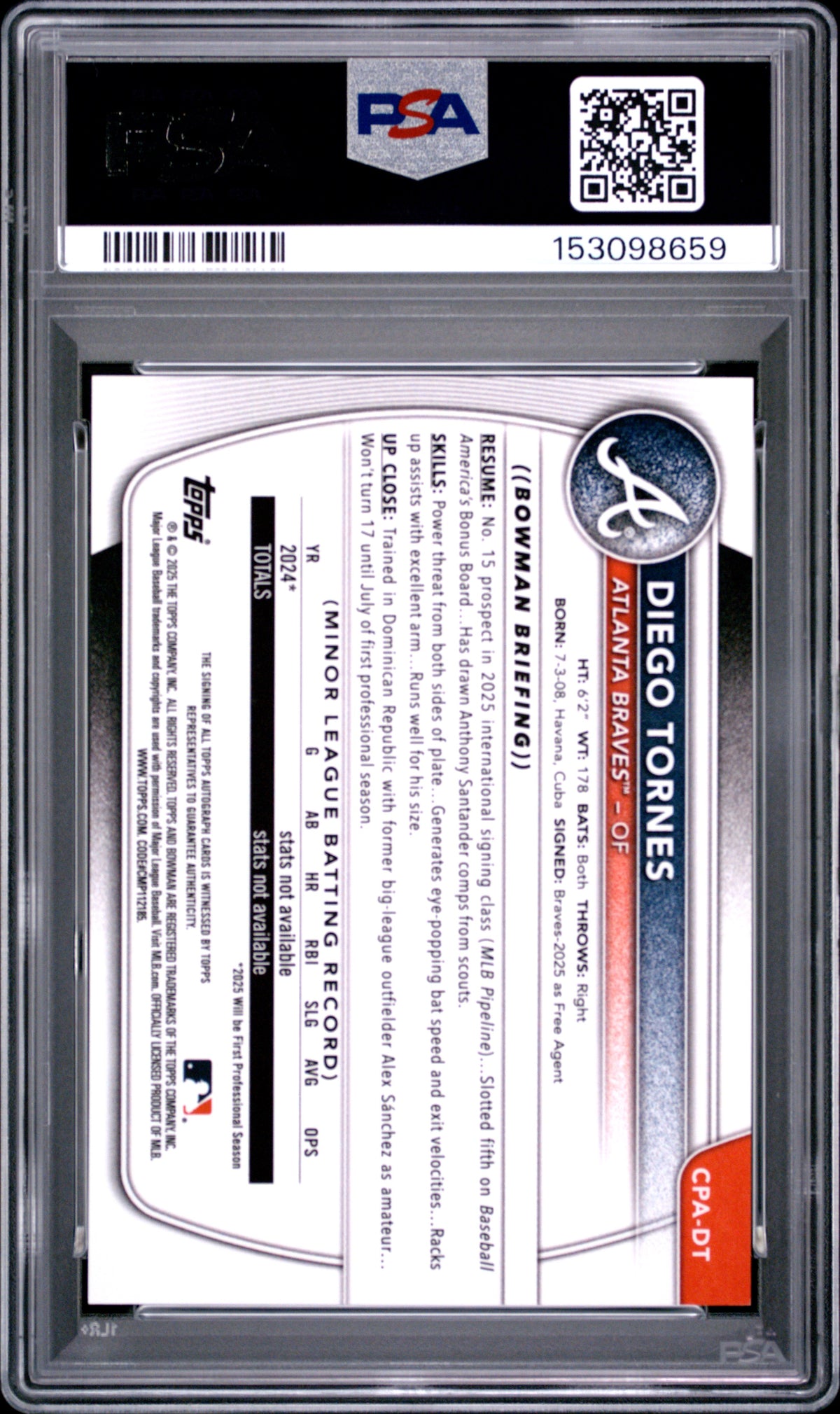 2025 Bowman Chrome Prospect Autographs Diego Tornes Green Ref PSA 9