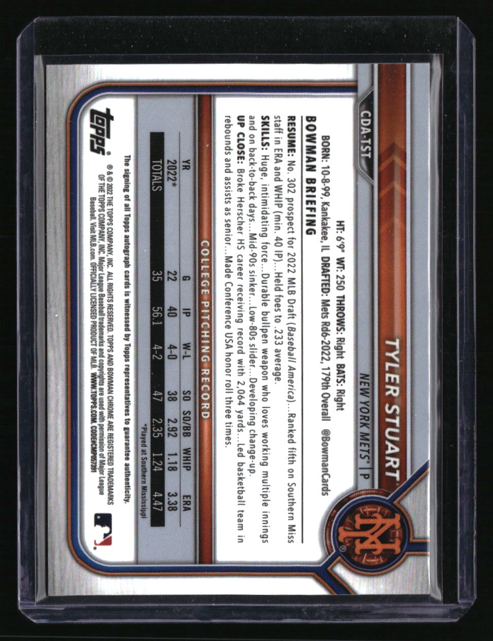 2022 Bowman Draft Tyler Stuart Chrome Draft Pick Autographs Gold #/50