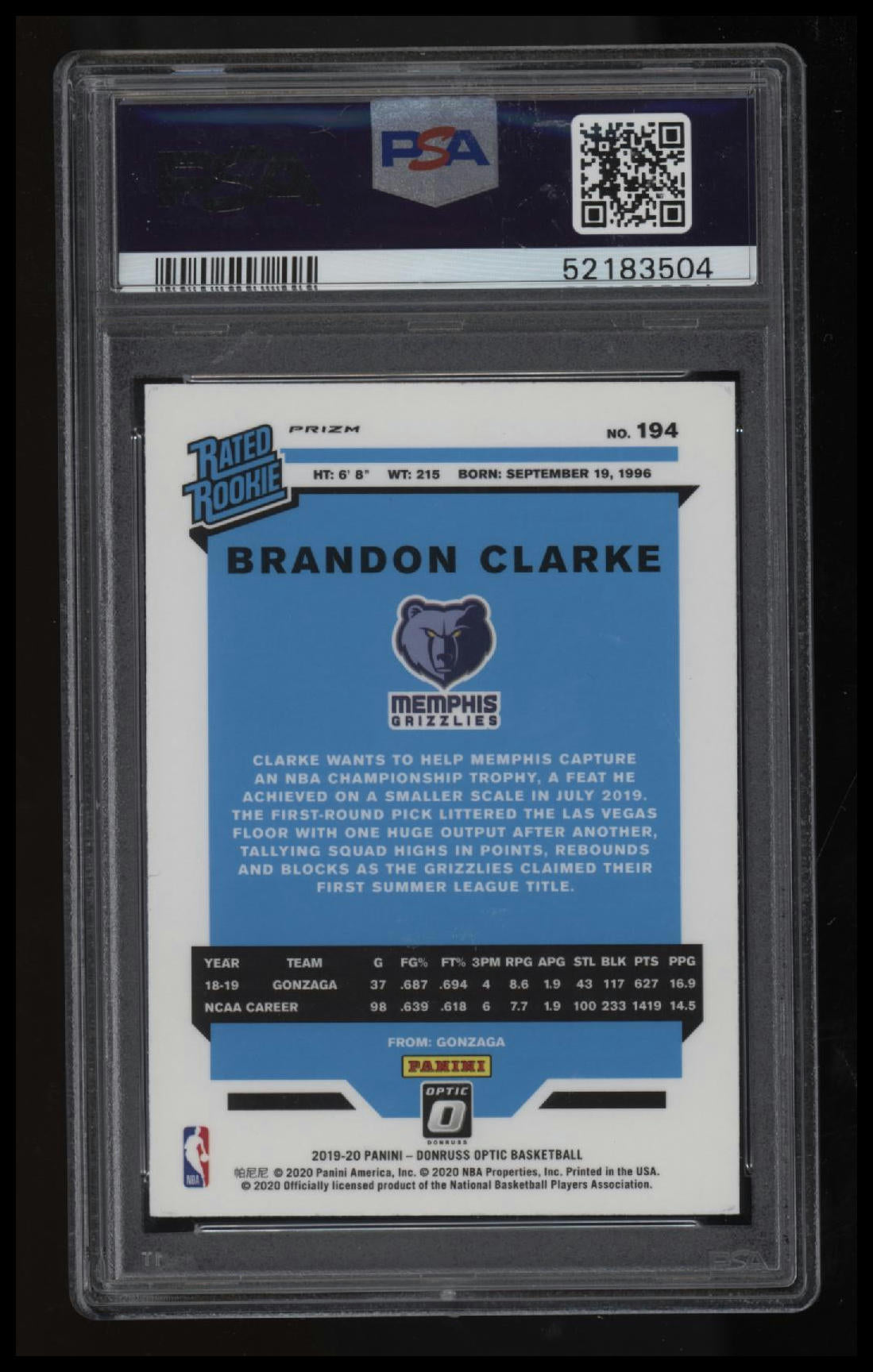 2019 Panini Donruss Optic Brandon Clarke Hyper Pink PSA 10