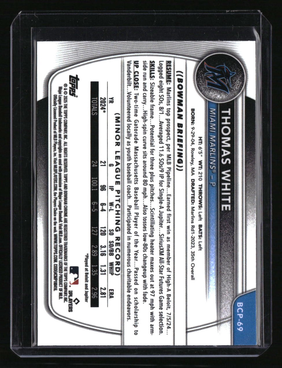 2025 Bowman Thomas White Chrome Prospects Speckle Refractor #/299