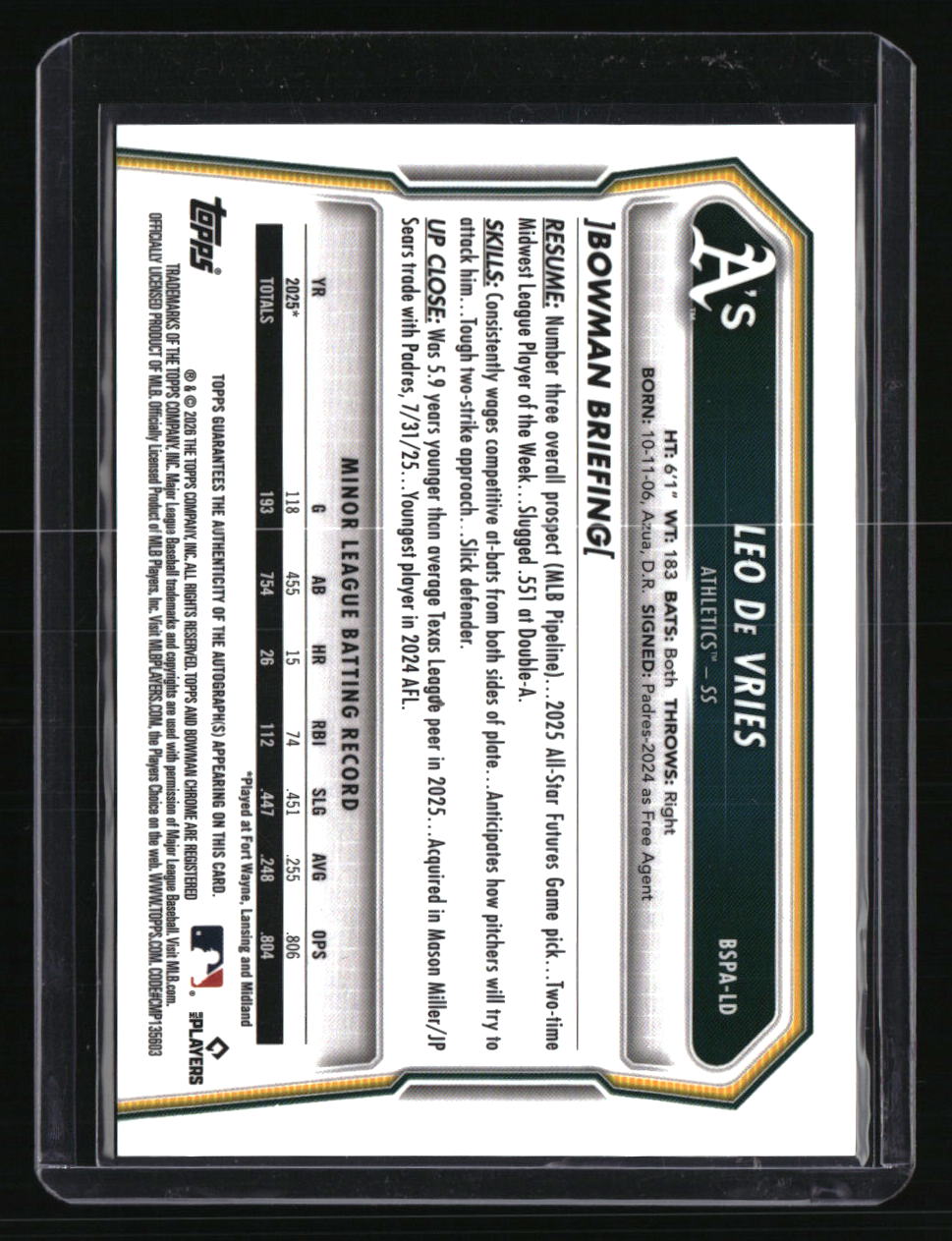 2026 Bowman Sapphire Edition Leo De Vries Prospect Auto #/199