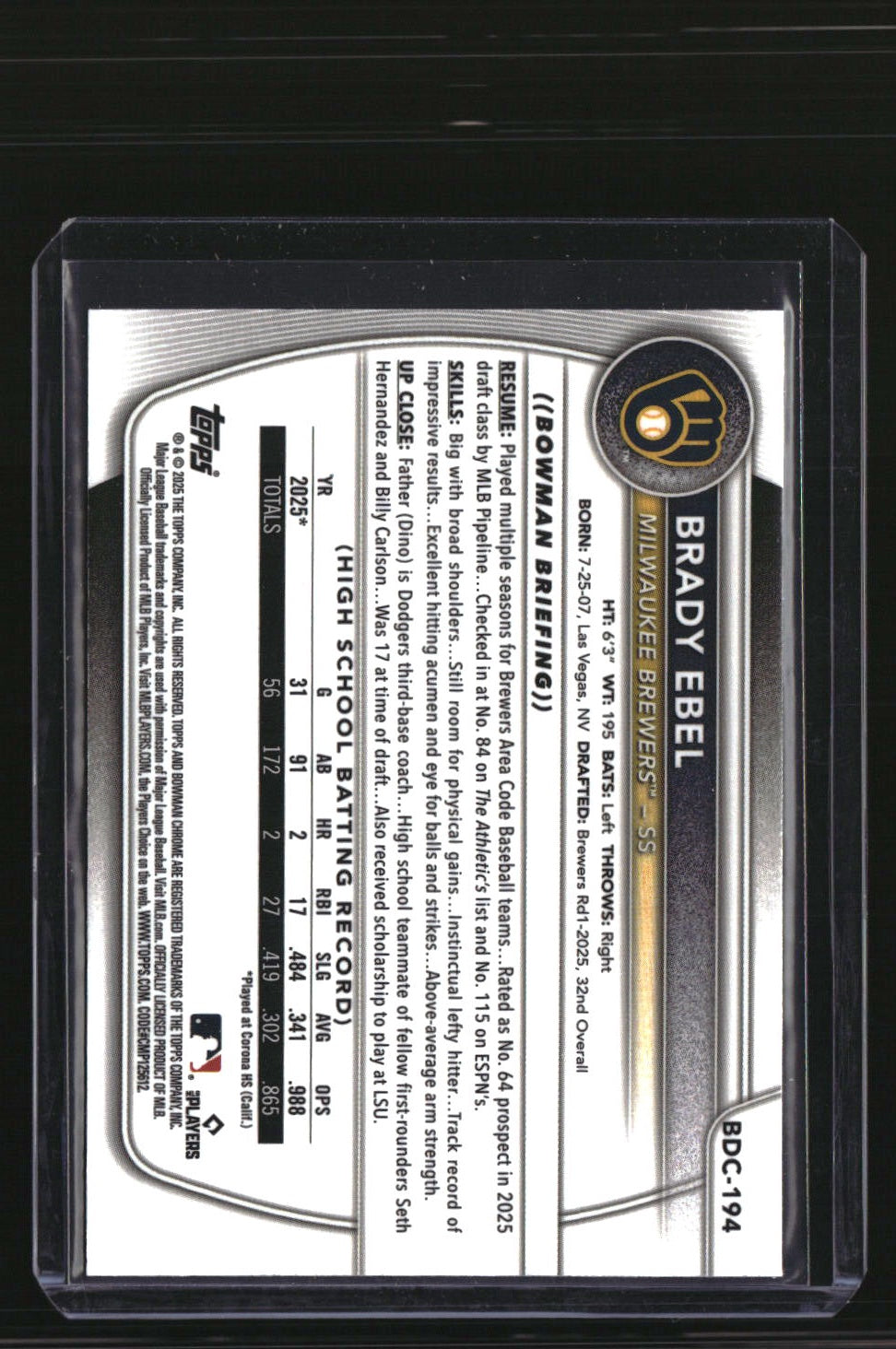 2025 Bowman Draft Brady Ebel Chrome Fuchsia Reptilian Refractor #/199