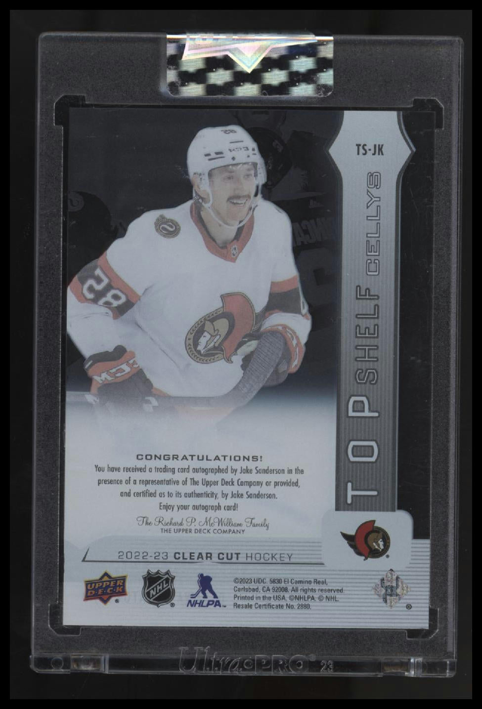 2022-23 Upper Deck Clear Cut Jake Sanderson 2022-23 Top Shelf Signature Cellys