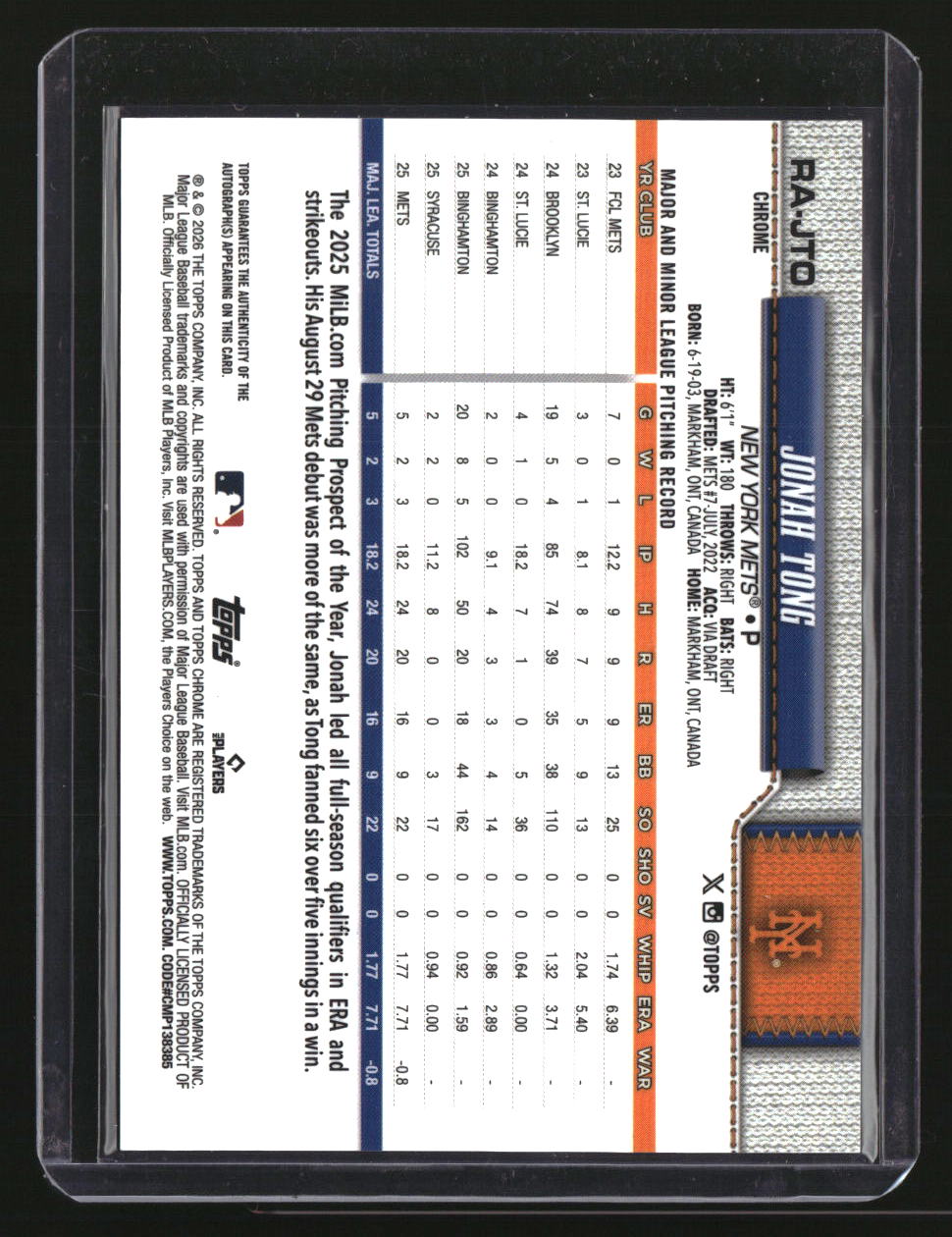 2026 Topps Chrome Jonah Tong Rookie Autographs
