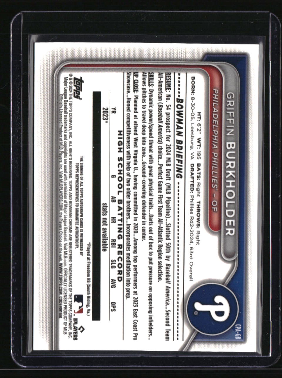 2024 Bowman Draft Sapphire Edition Griffin Burkholder Prospect Auto Gold #/50