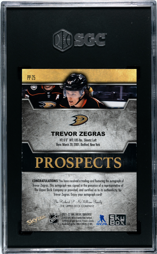 2021-22 Skybox Metal Univ. Trevor Zegras Premium Prospects Auto Sapphire SGC 8.5
