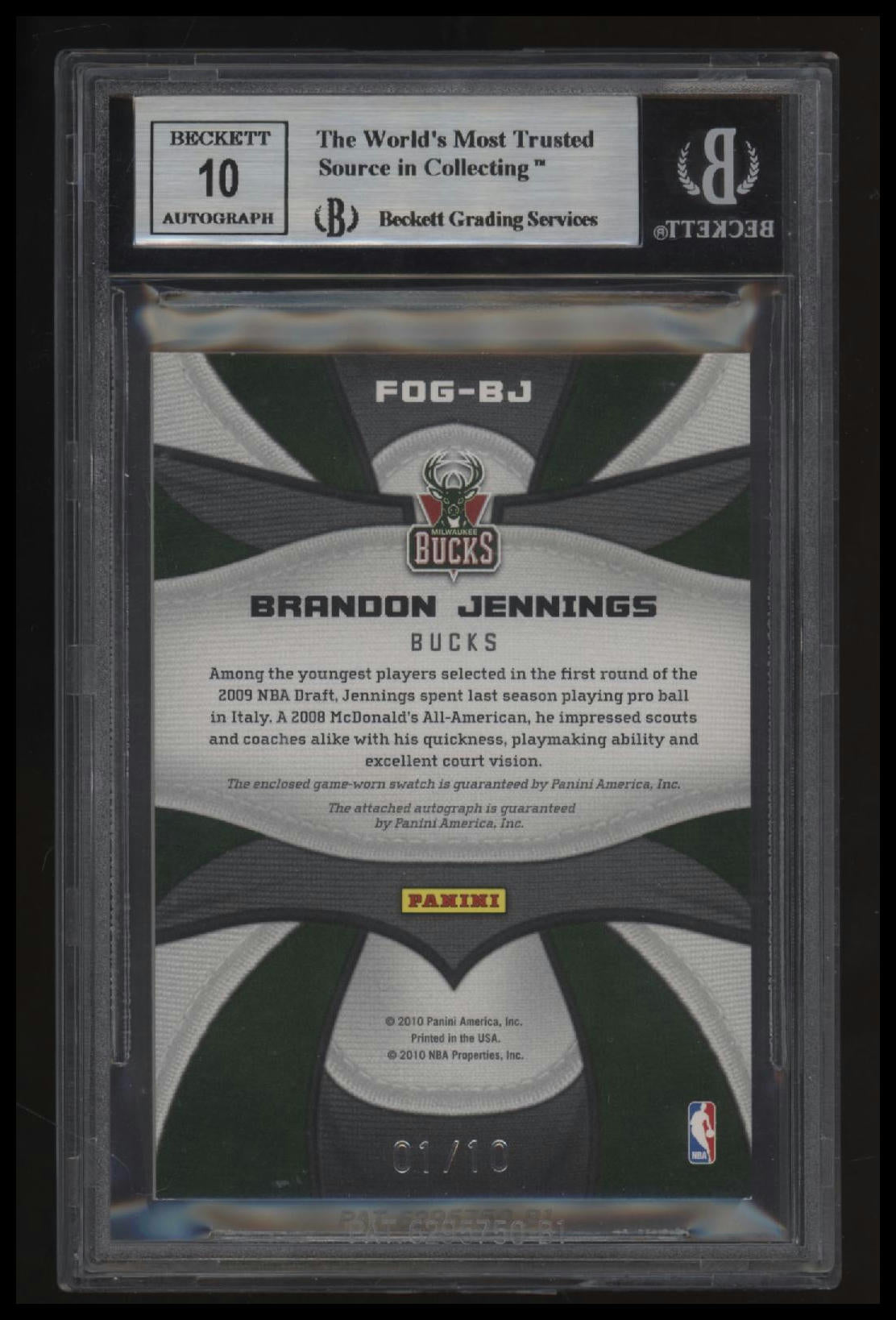 2009-10 Certified Jersey Number Prime Sigs Brandon Jennings/10 BGS 9