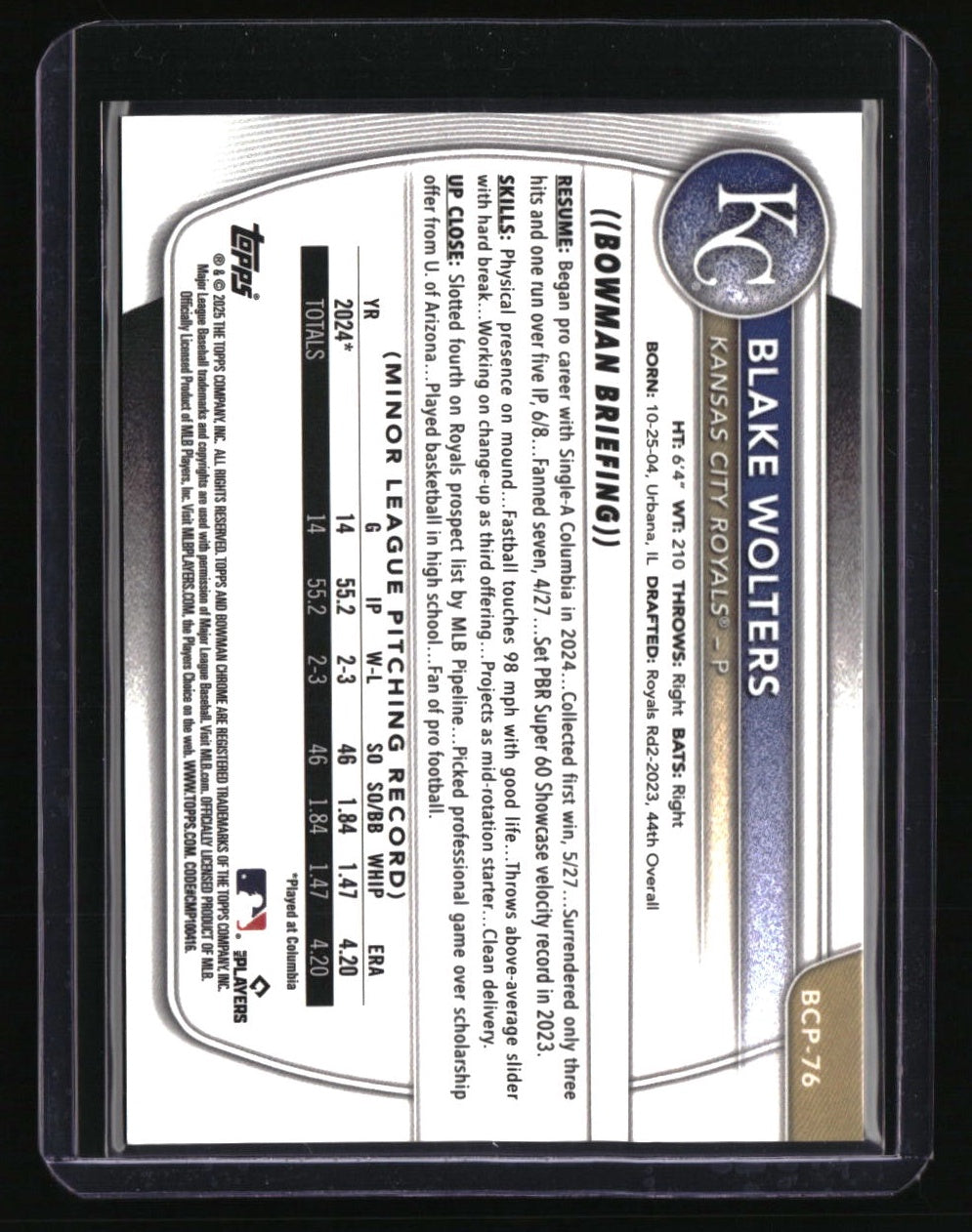 2025 Bowman Blake Wolters Chrome Prospects Gold Refractor #/50