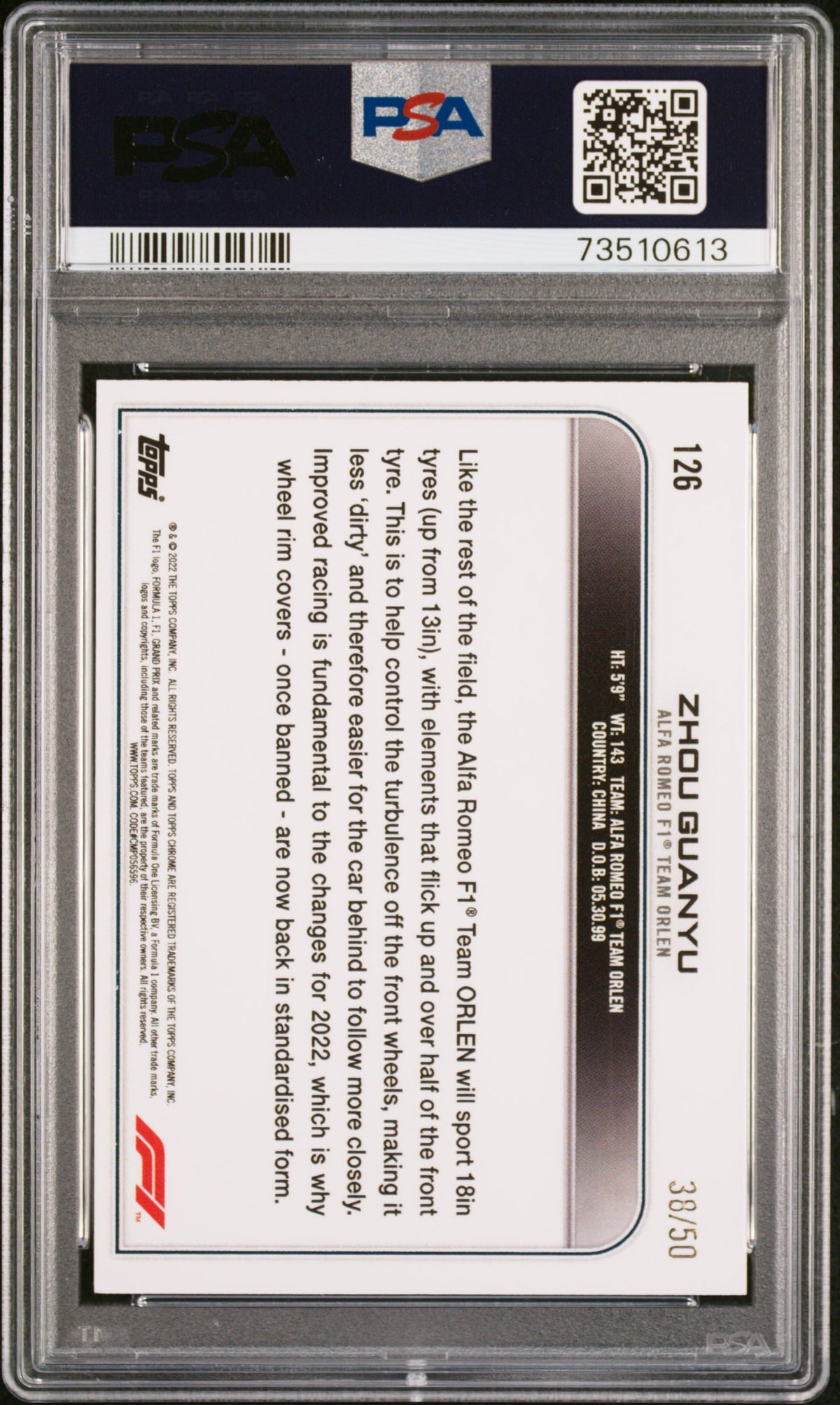 2022 Topps Chrome Formula 1 Zhou Guanyu Gold Checker Flag Ref. PSA 10