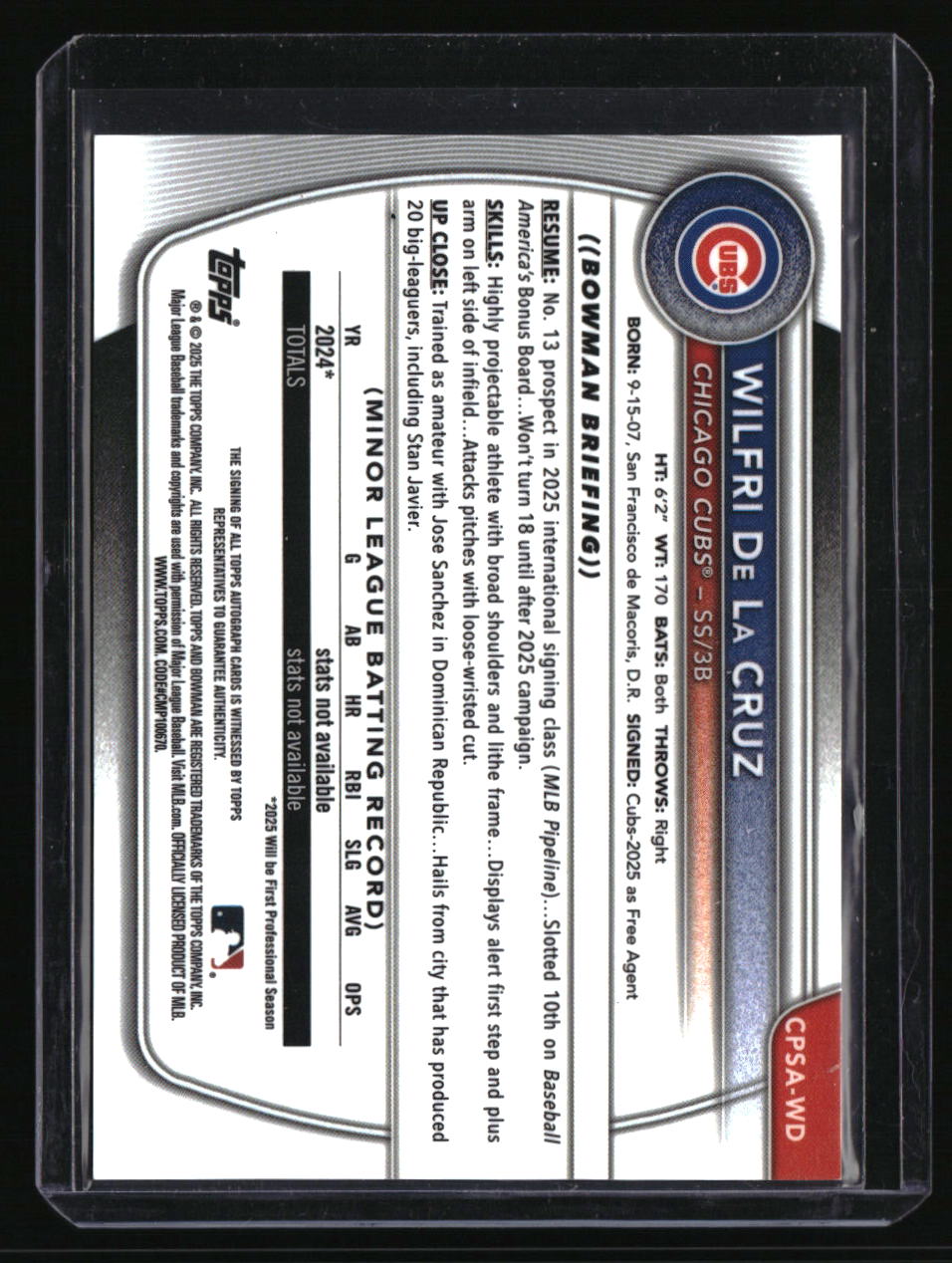 2025 Bowman Chrome Sapphire Edition Wilfri De La Cruz Prospect Auto Gold #/50