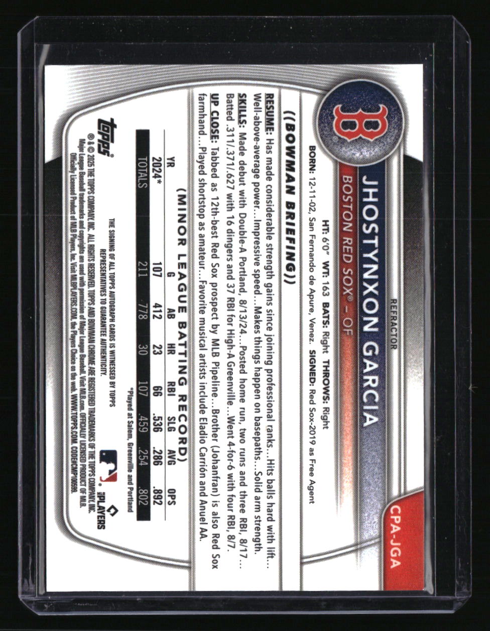 2025 Bowman Jhostynxon Garcia Chrome Prospect Autographs Refractor #/499