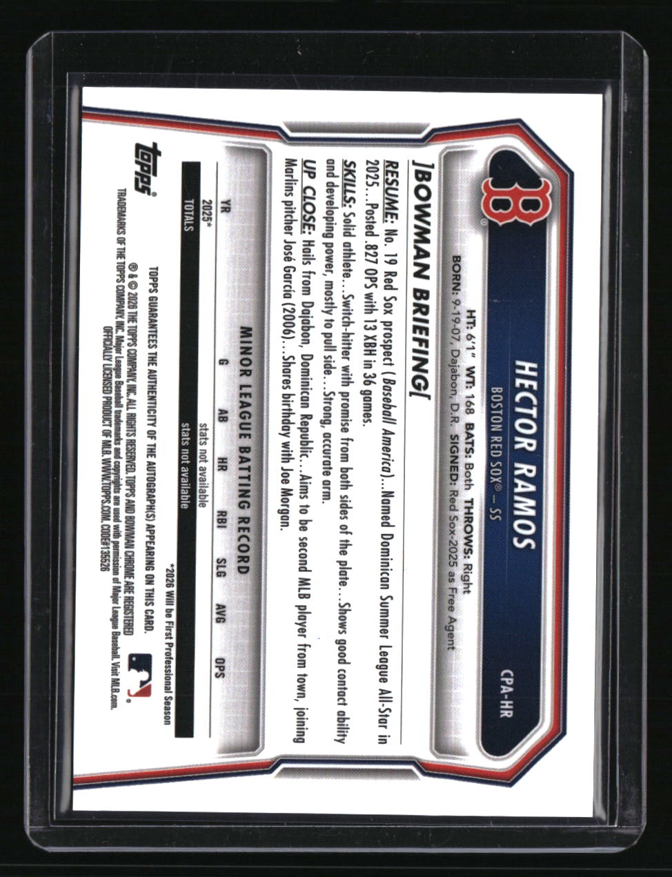 2026 Bowman Hector Ramos Chrome Prospect Autographs