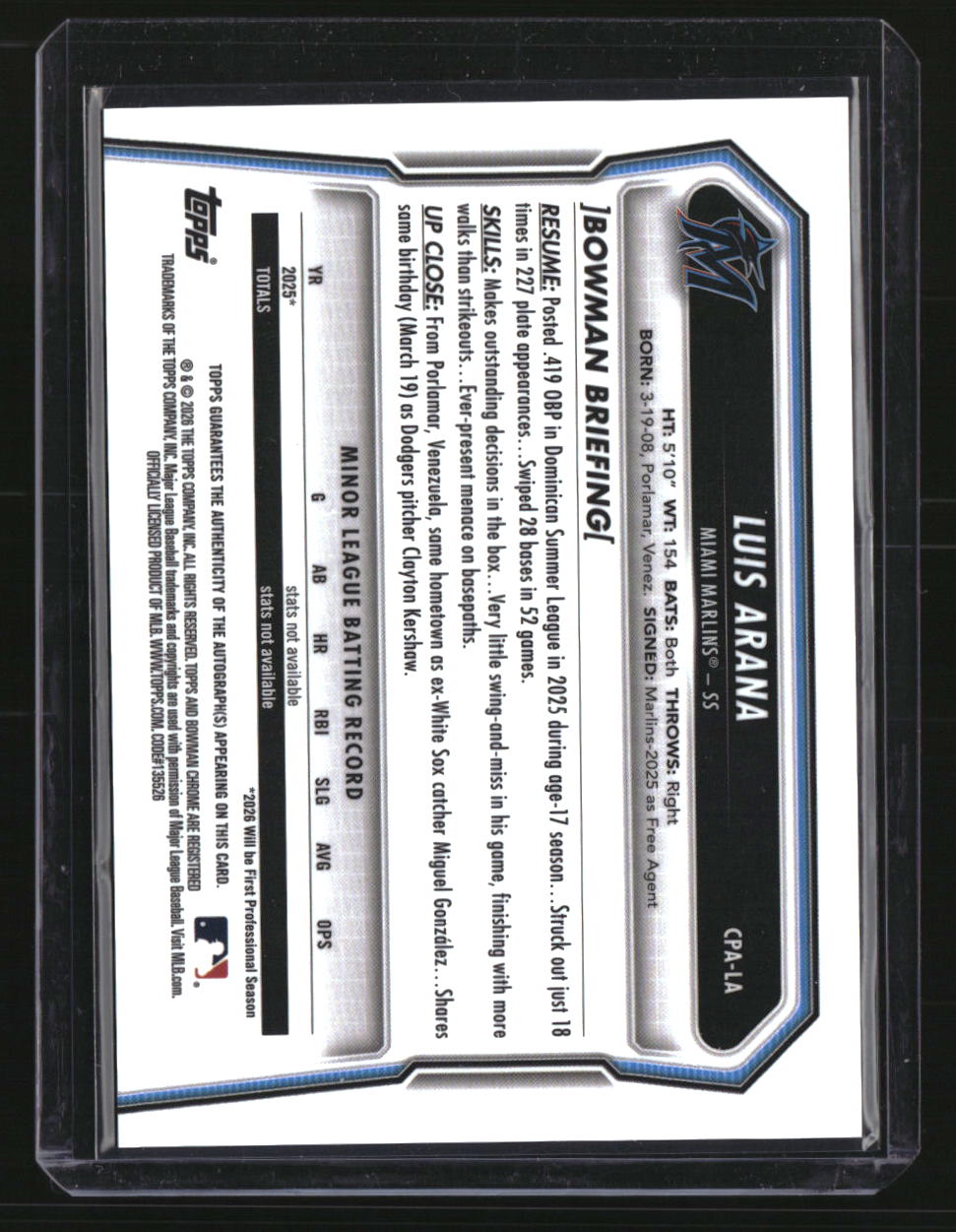 2026 Bowman Luis Arana Chrome Prospect Autographs Speckle Refractors #/299