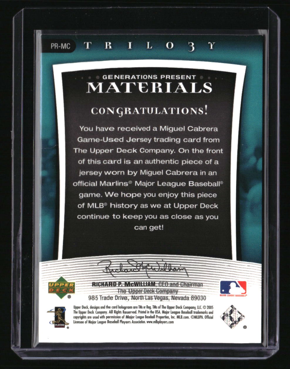 2005 Upper Deck Trilogy Miguel Cabrera Generations Present Materials Gold #/25