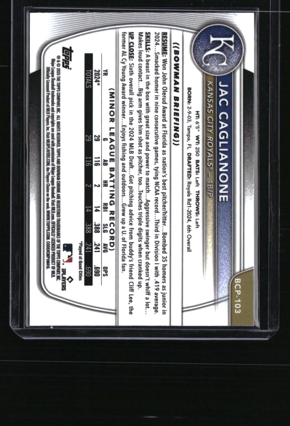 2025 Bowman Jac Caglianone Chrome Prospects Reptilian Fuchsia Refractor #/199