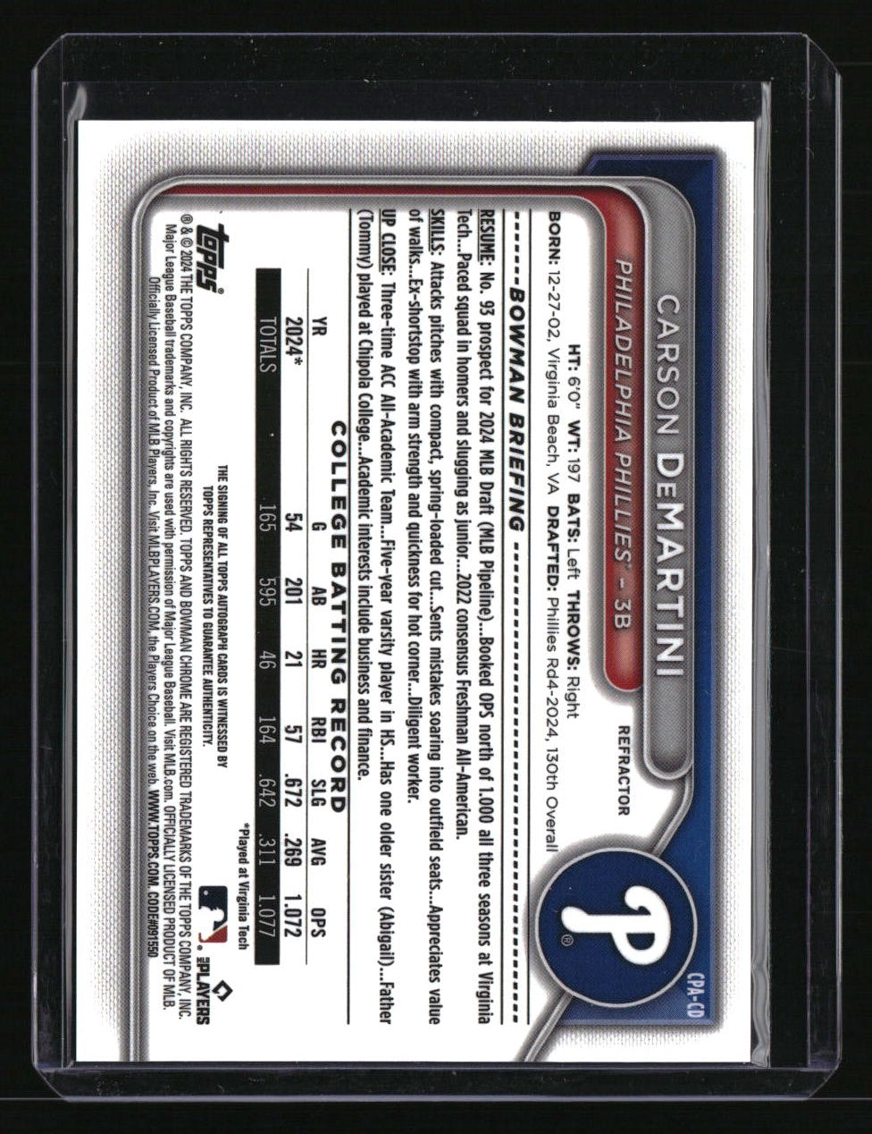 2024 Bowman Draft Carson DeMartini Chrome Prospect Autographs Refractor #/499