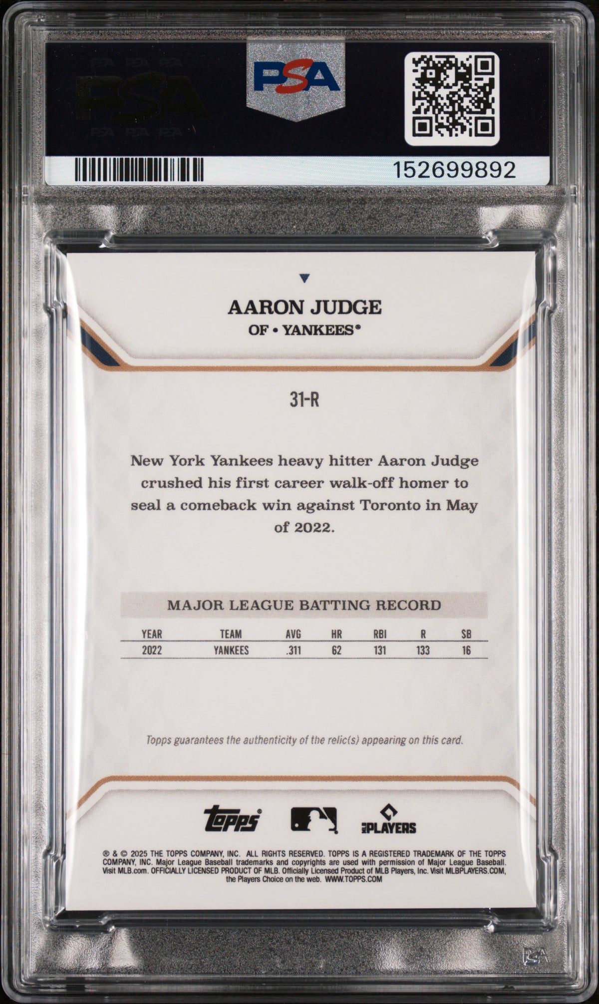 2025 Topps Mlb Mvp Collection Aaron Judge Relic-Orange Foil PSA 8