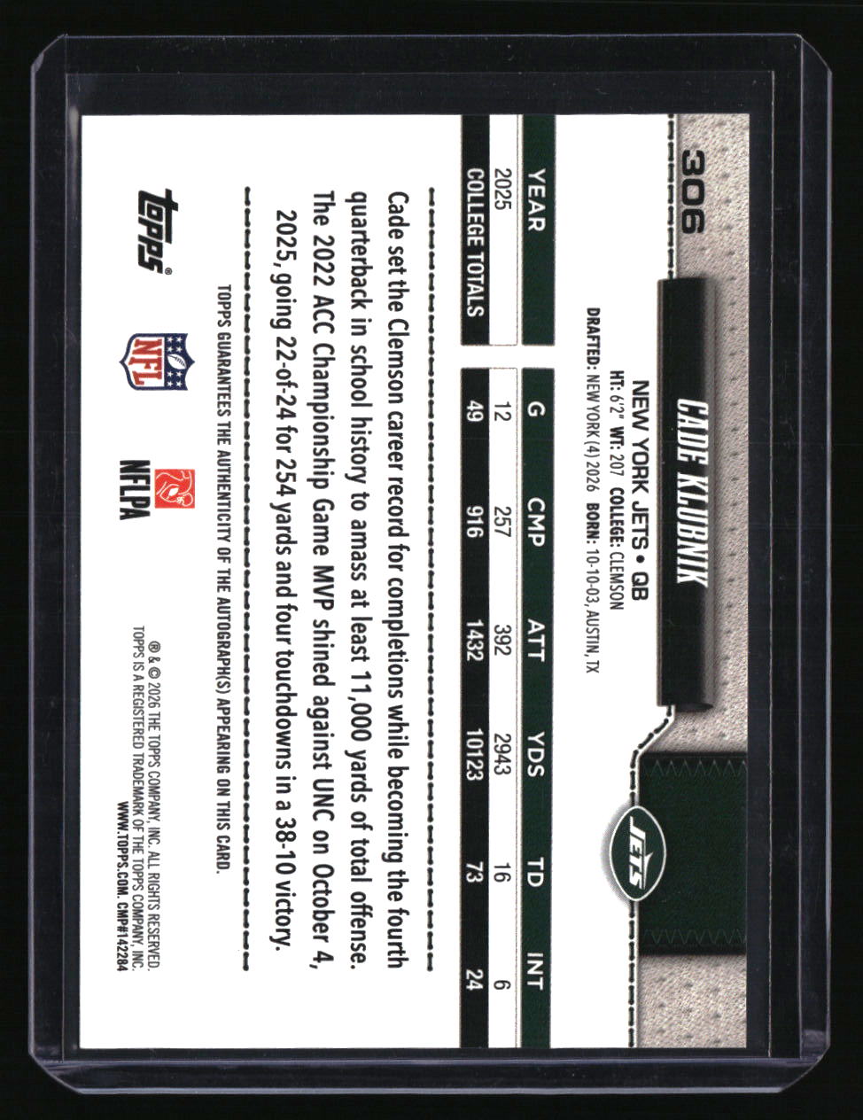 2026 Topps Flagship Cade Klubnik Real One Autographs