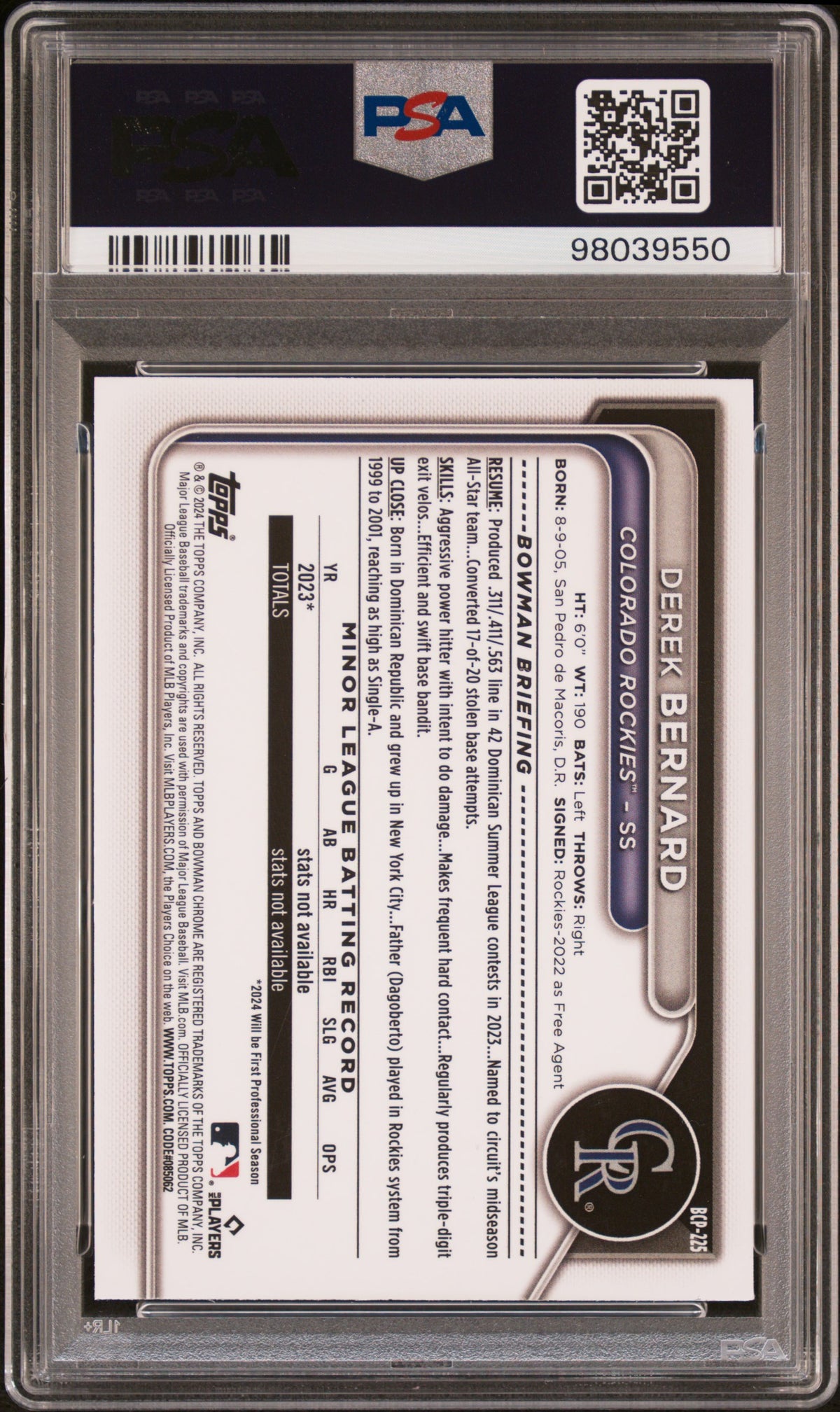 2024 Bowman Chrome Derek Bernard Purple Shimmer Rockies Color Match PSA 10