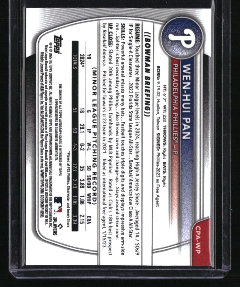 2025 Bowman Wen-Hui Pan Chrome Prospects Autographs Gold Shimmer Refractor #/50