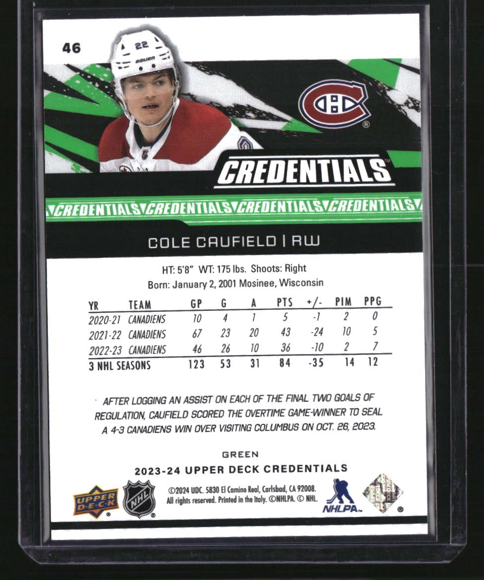 2023-24 Upper Deck Credentials #46 Cole Caufield Green #/25