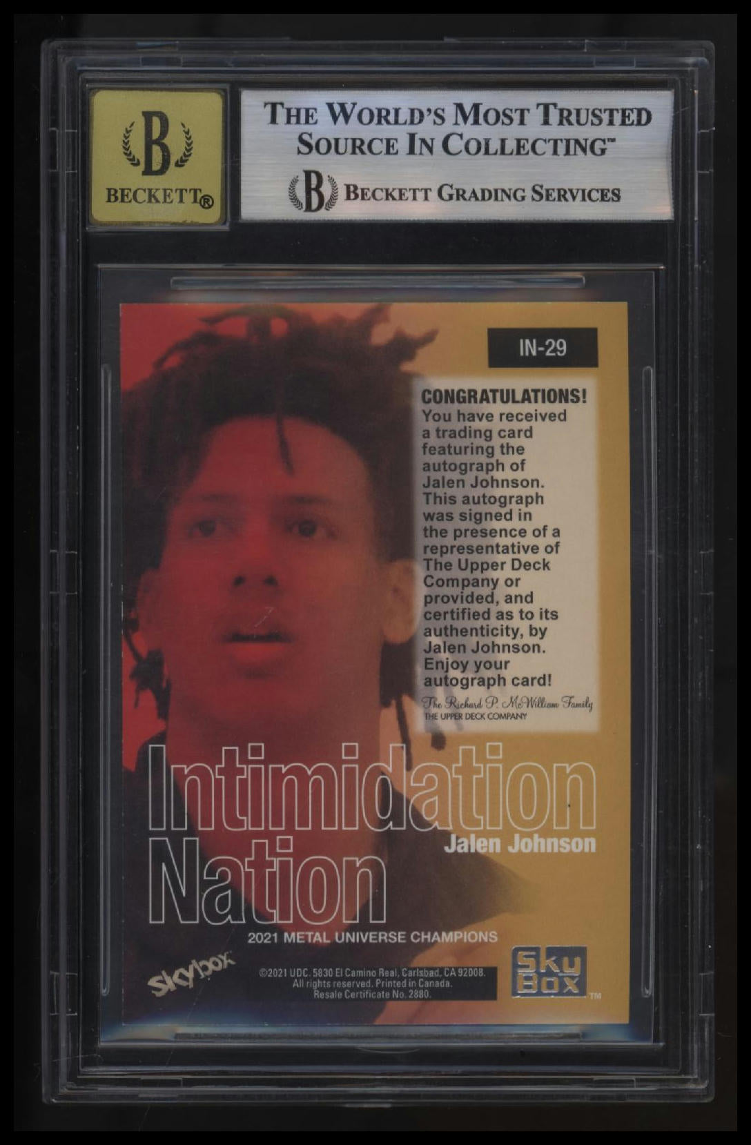 2021 Metal Universe Champions Intimidation Nation Auto Jalen Johnson BGS 9.0